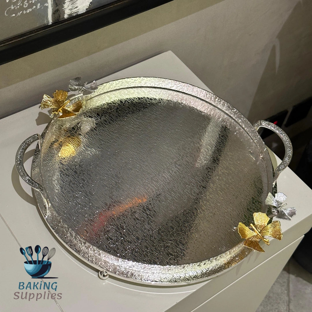 16-Inch Gold & Silver Metal Thaal with Butterfly Detail