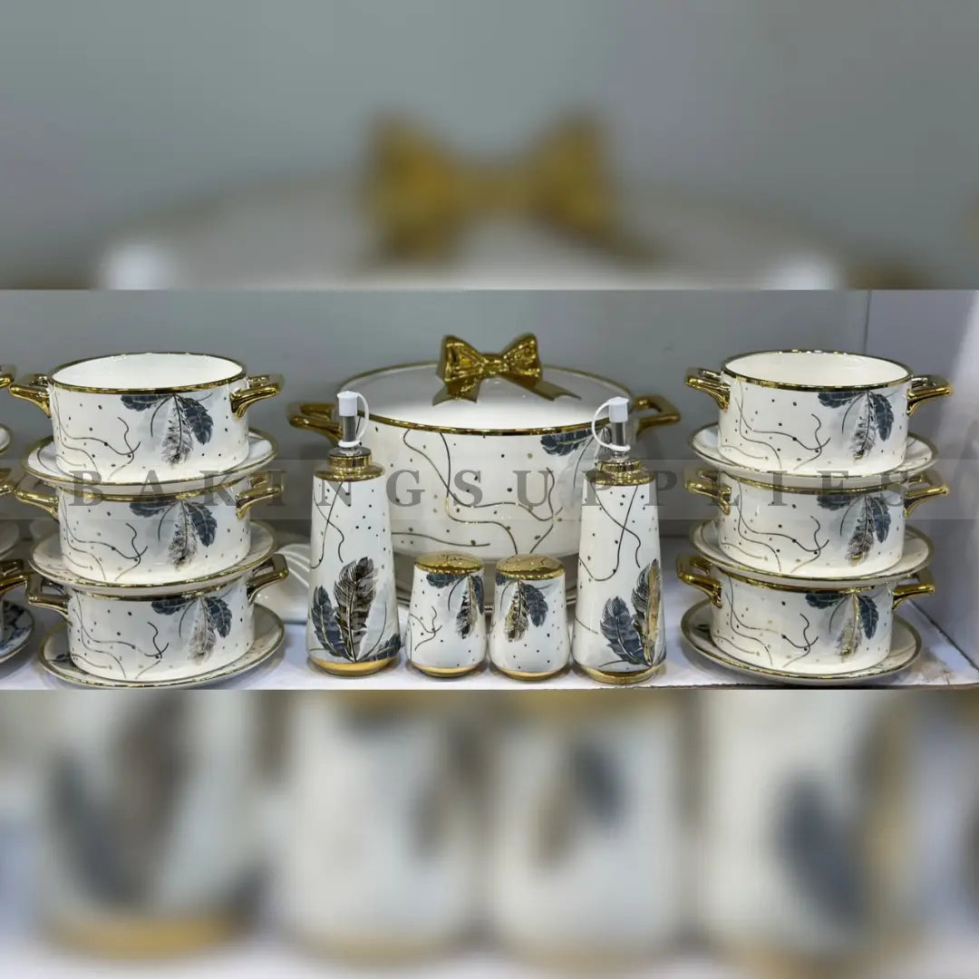 24-Piece Luxury Black Feather Ceramic Soup Set
