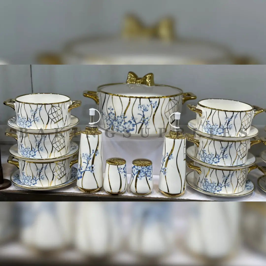 24-Piece Luxury Blue Blossom Ceramic Soup Set