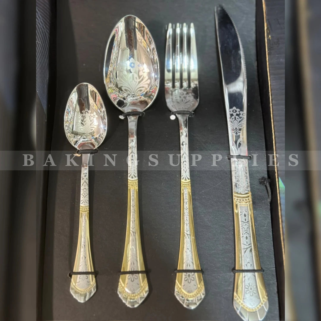 24-Piece Luxury Stainless Steel Cutlery Set with Gold Floral Engraving