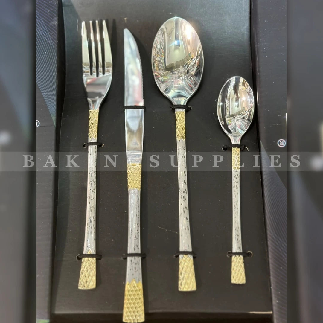24-Piece Stainless Steel Cutlery Set with Gold Textured Handles