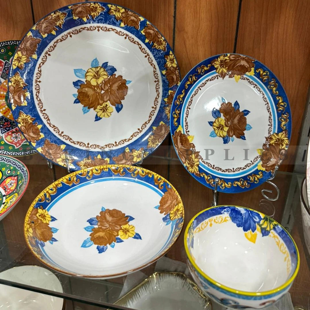24 Piece Floral Porcelain Dinner Set Blue & Gold Design