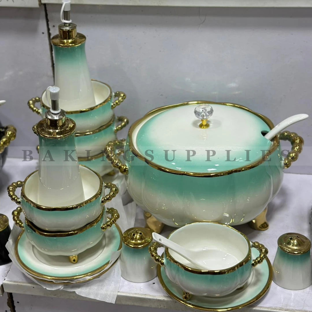 24 Piece Luxury Ceramic Soup Set with Gold Accents