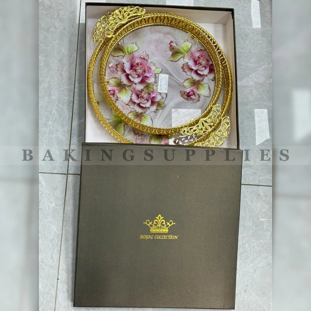 2 Piece Luxury Floral Serving Tray Set with Gold Handles