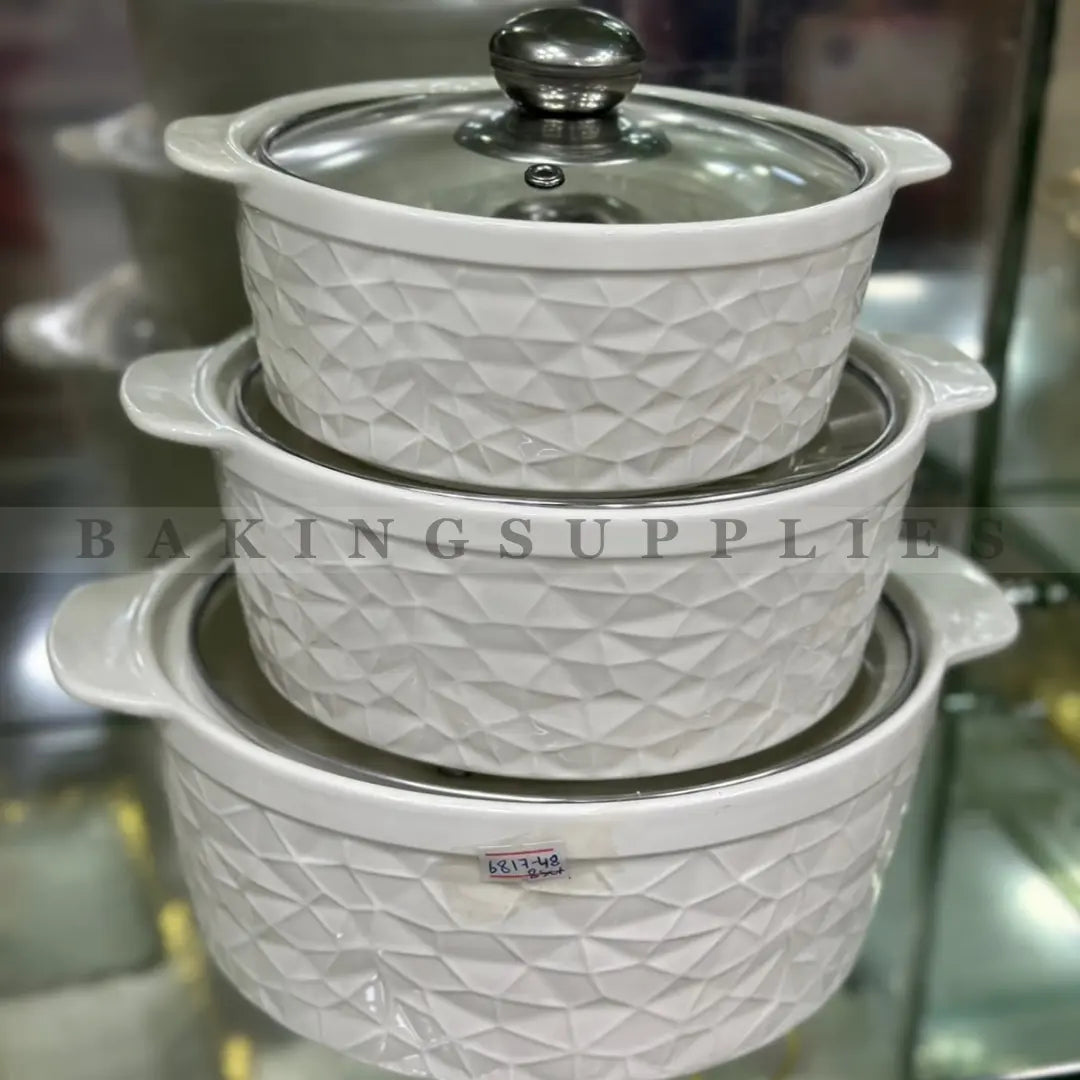3-Piece White Geometric Ceramic Casserole Set
