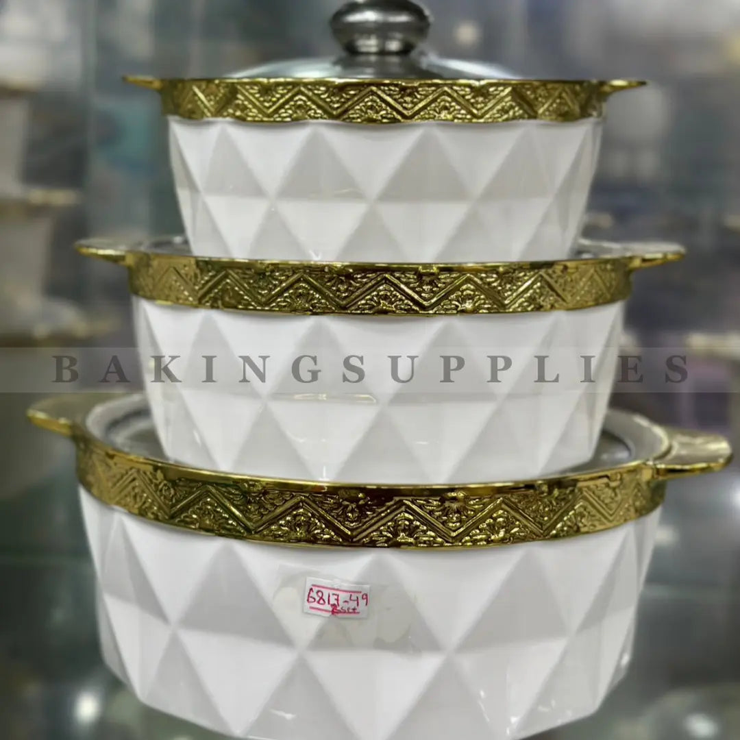 3-Piece White & Gold Diamond Ceramic Casserole Set