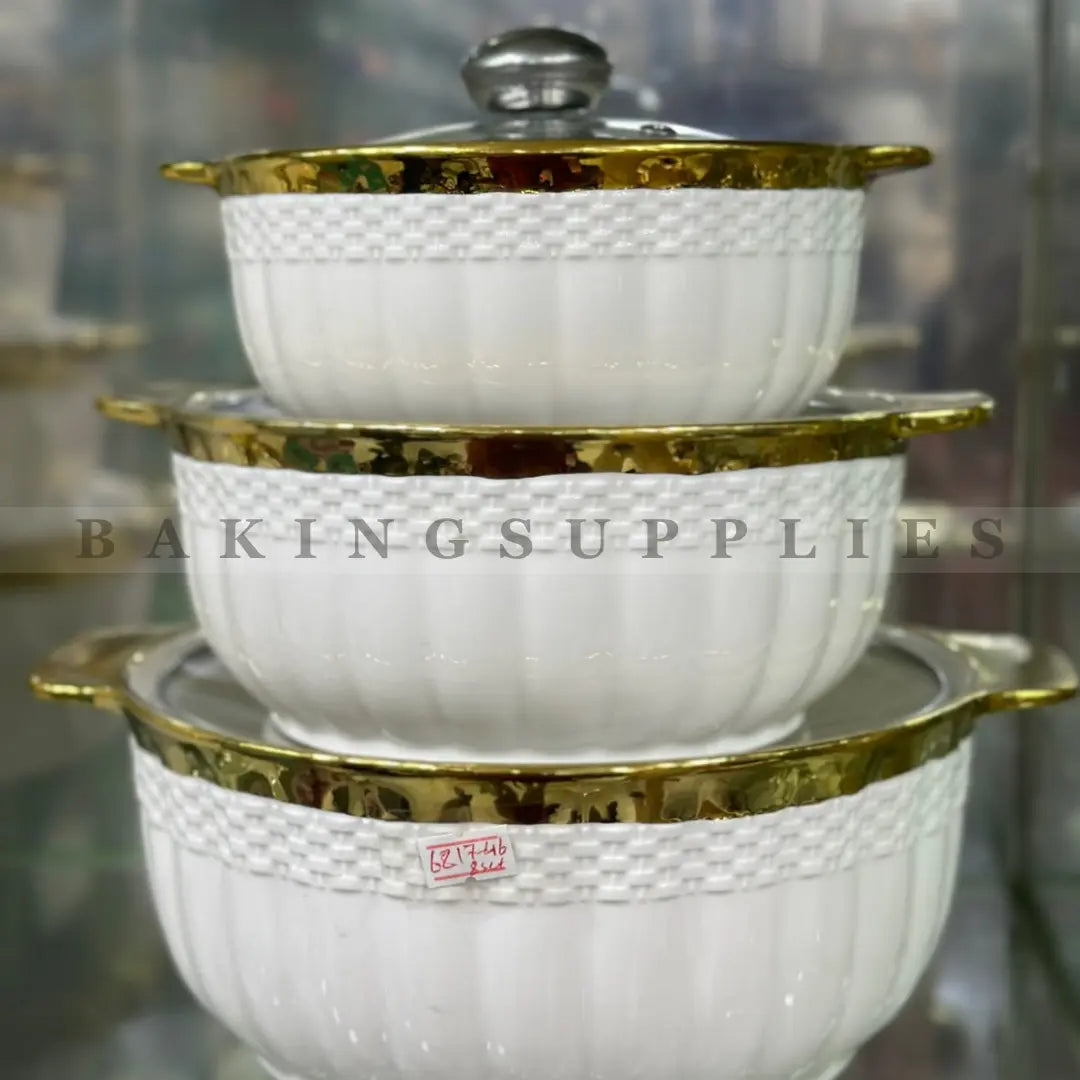 3-Piece White & Gold Ribbed Ceramic Casserole Set