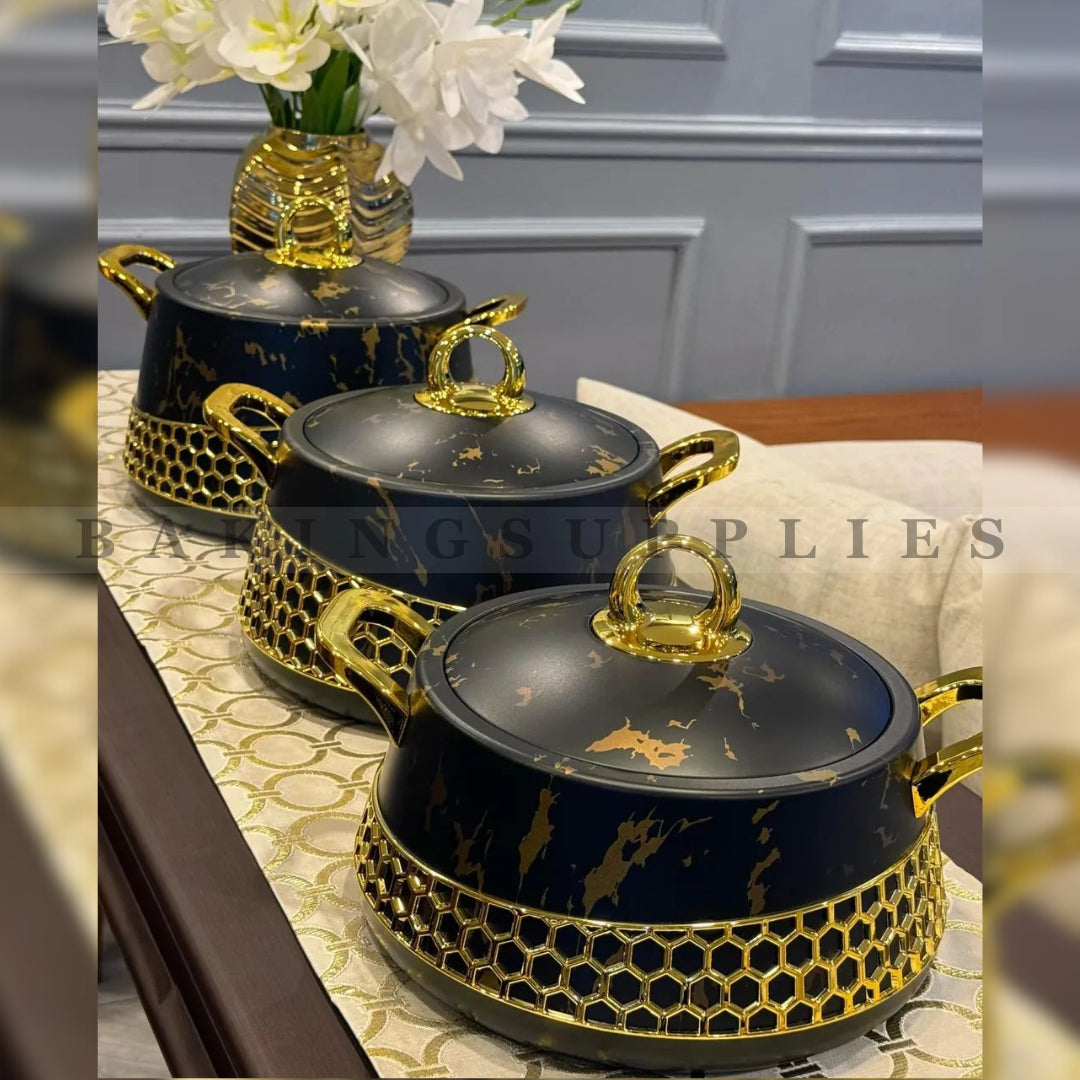 3 Pc Luxury Hot Pot Set – Black & Gold Insulated Serving Casserole Set