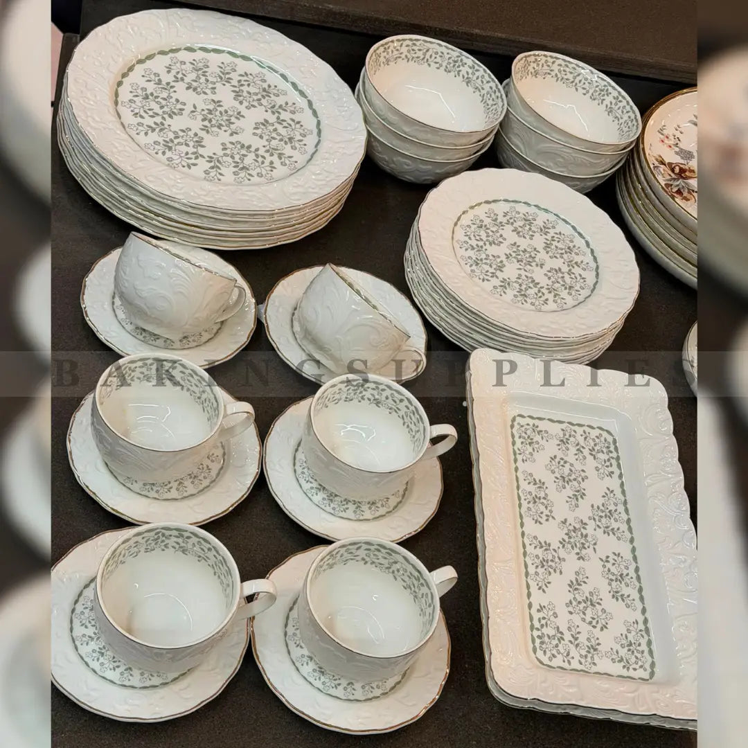 32 Piece Embossed Porcelain Dinner Set | Premium Floral Dinnerware for 6