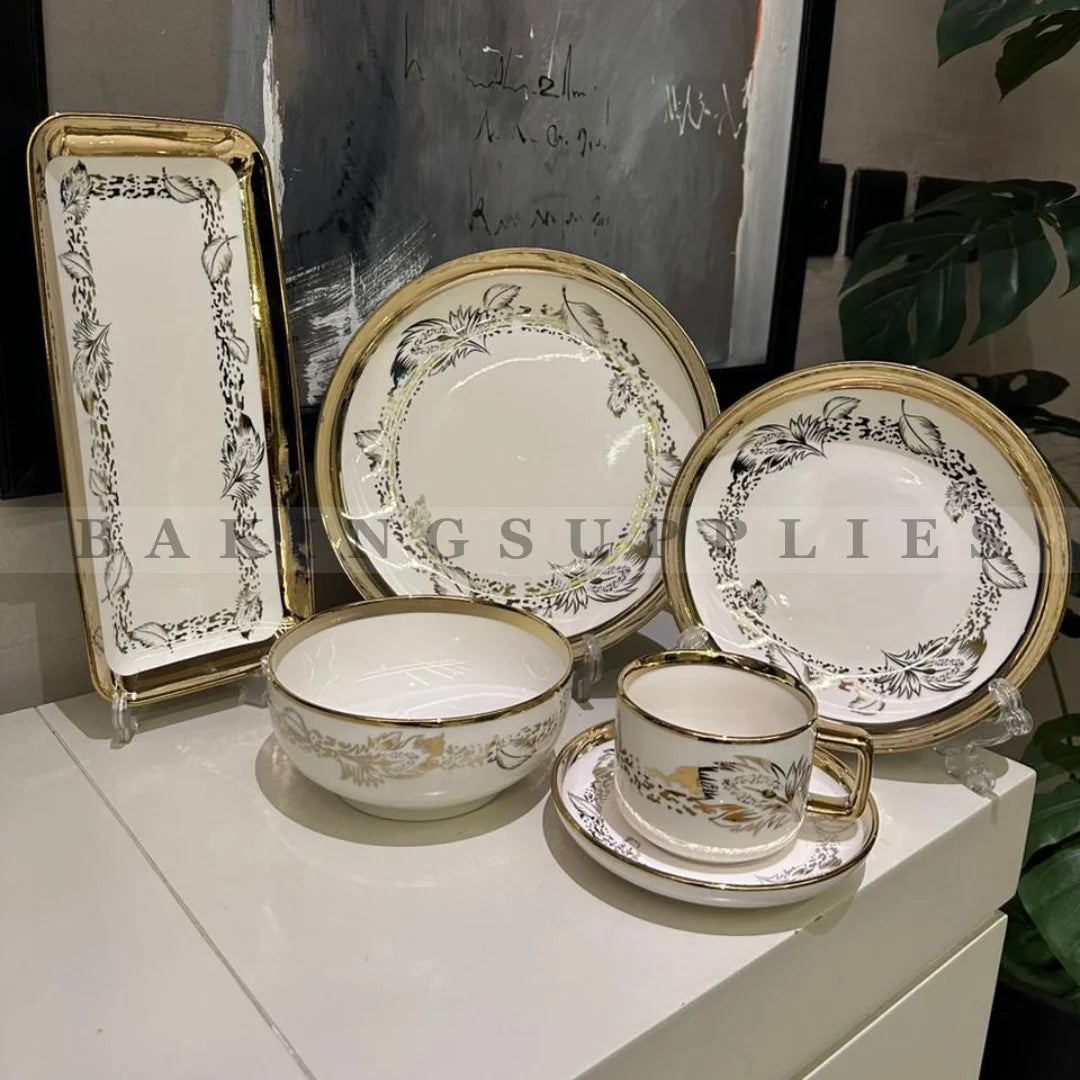 32-Piece Breakfast Set – White & Gold Leaf Design (Serves 6)