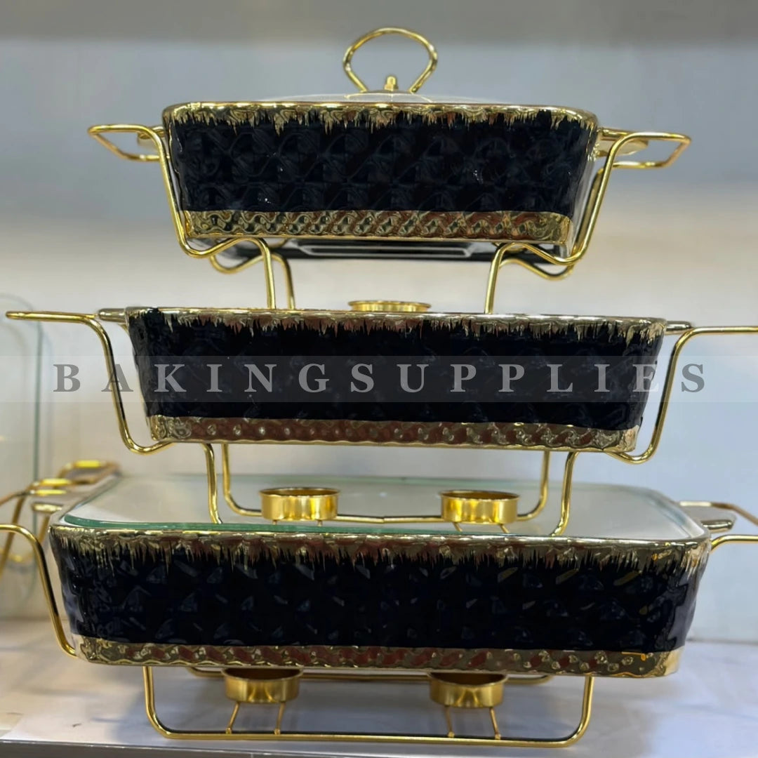 3 Piece Black and Gold Chafing Dish Set