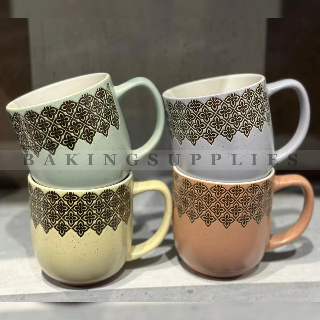 4 Pc Ceramic Mug Set | Earth Tone Floral Coffee Cups