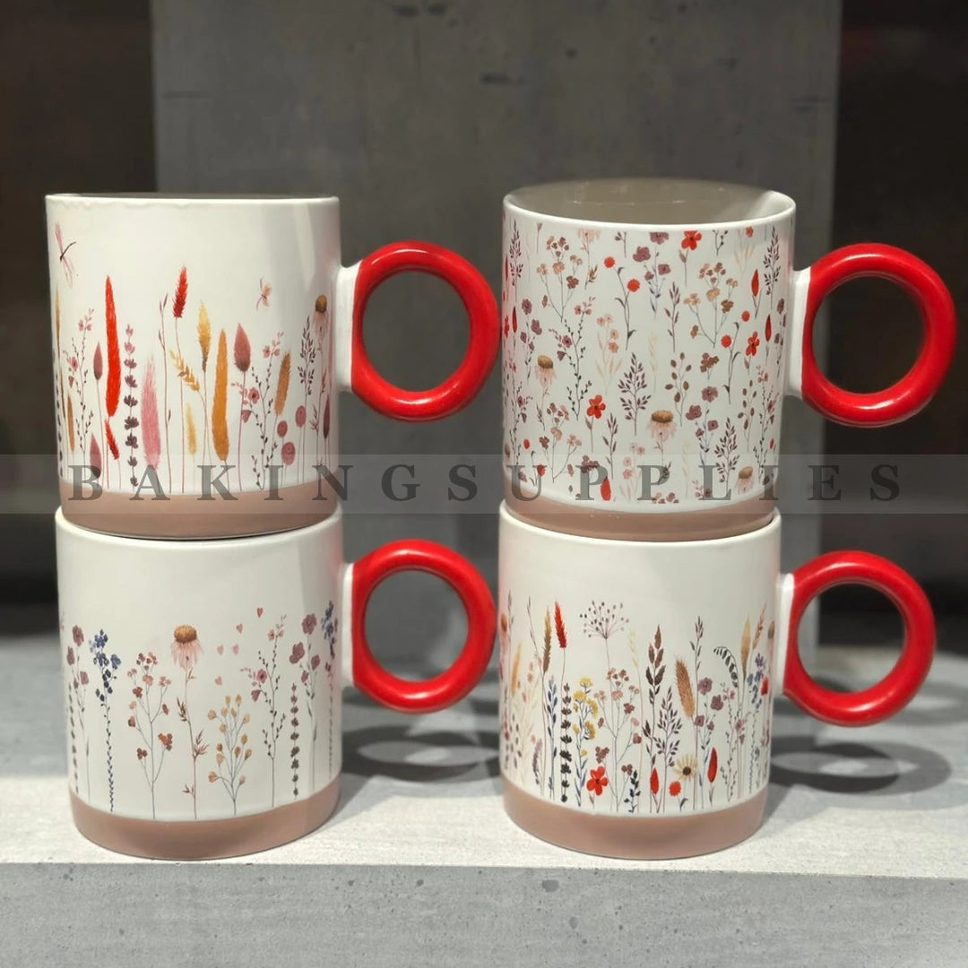 4 Pc Floral Red Handle Ceramic Mug Set