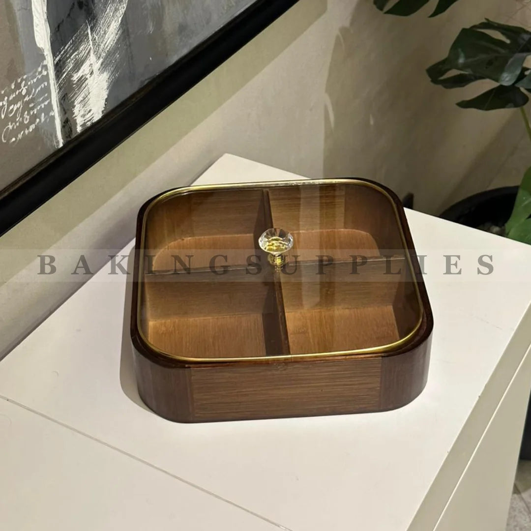 4-Section Wooden Dry Fruit Platter with Glass Lid