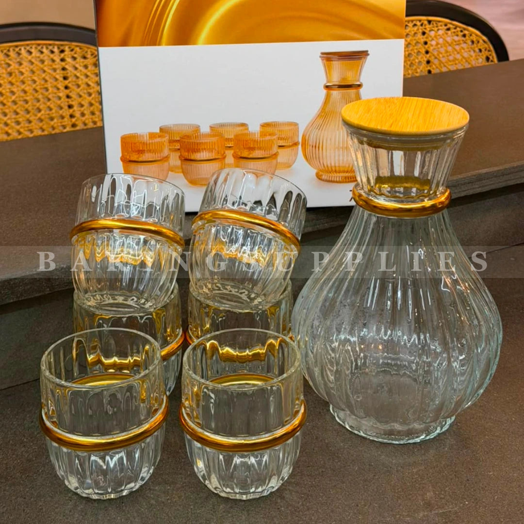 7-Piece Ribbed Glass Water Set with Wooden Lid & Gold Accent