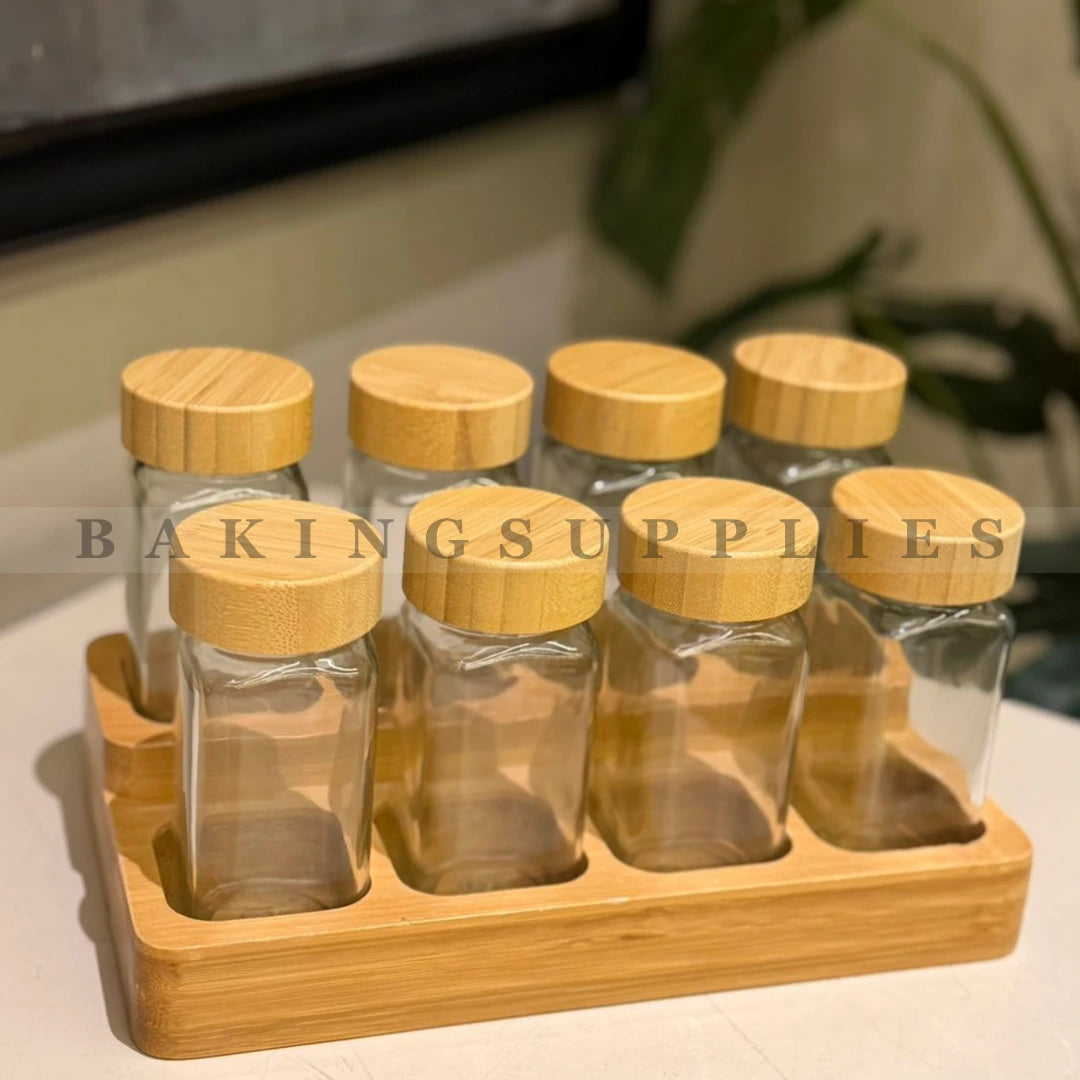 8 Piece Glass Spice Jar Set with Bamboo Lids & Stand