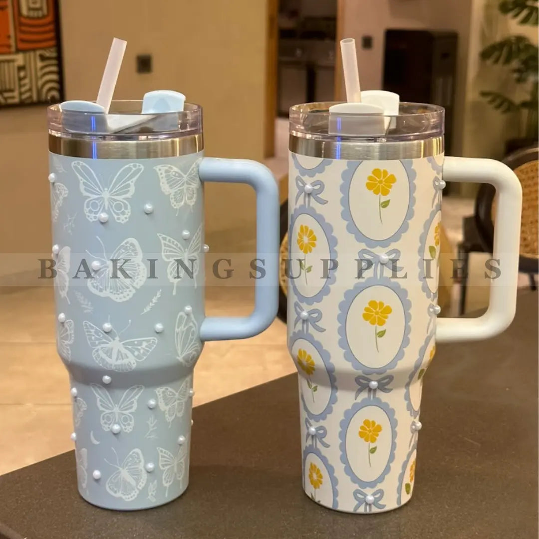 Aesthetic Blue Tumblers with Straw and Handle