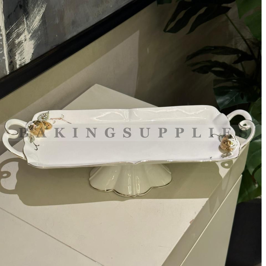Angela Luxury Long Serving Dish – White Ceramic Platter with Gold Accents & Handles