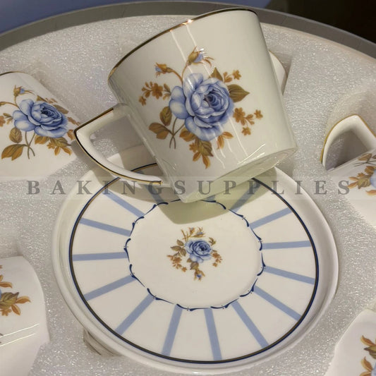 Angela Blue Rose Floral Cup & Saucer Set of 6
