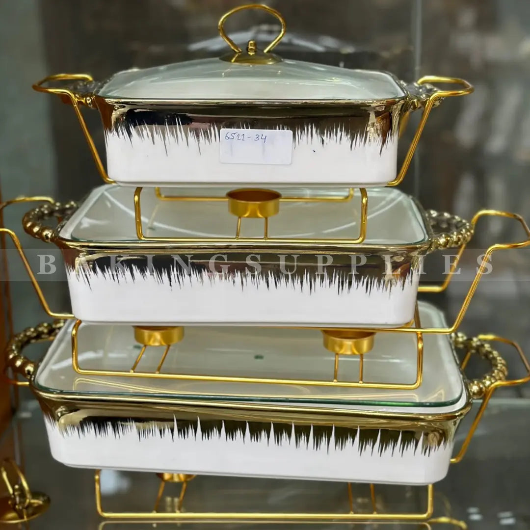 Gold Rim Ceramic Chafing Dish with Glass Lid