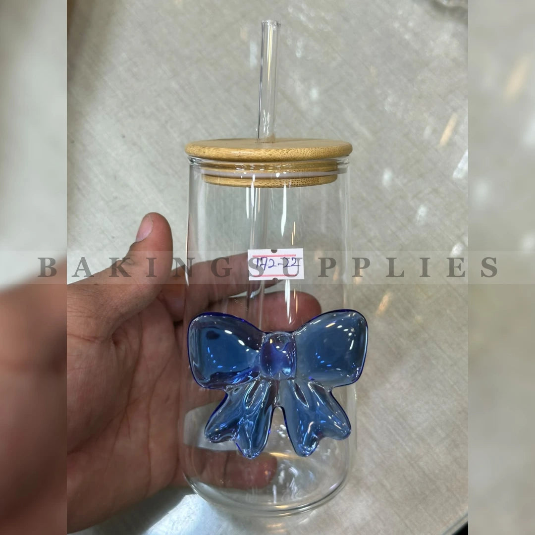 Blue Bow Glass with Straw & Bamboo Lid