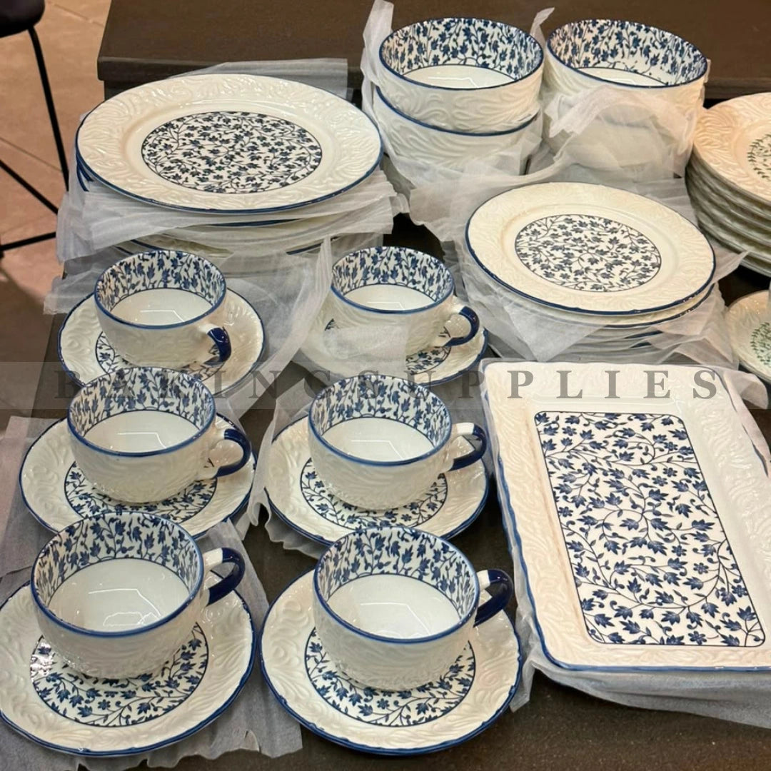 Blue Floral Embossed Ceramic Breakfast Set 32 Pieces