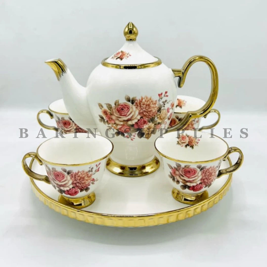 Vintage Rose Gold Accent Porcelain 9 Piece Tea Set with Rotating Tray