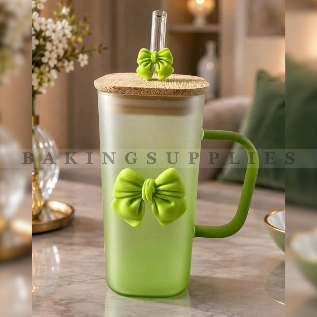 Bow Design Glass Tumbler with Straw & Wooden Lid