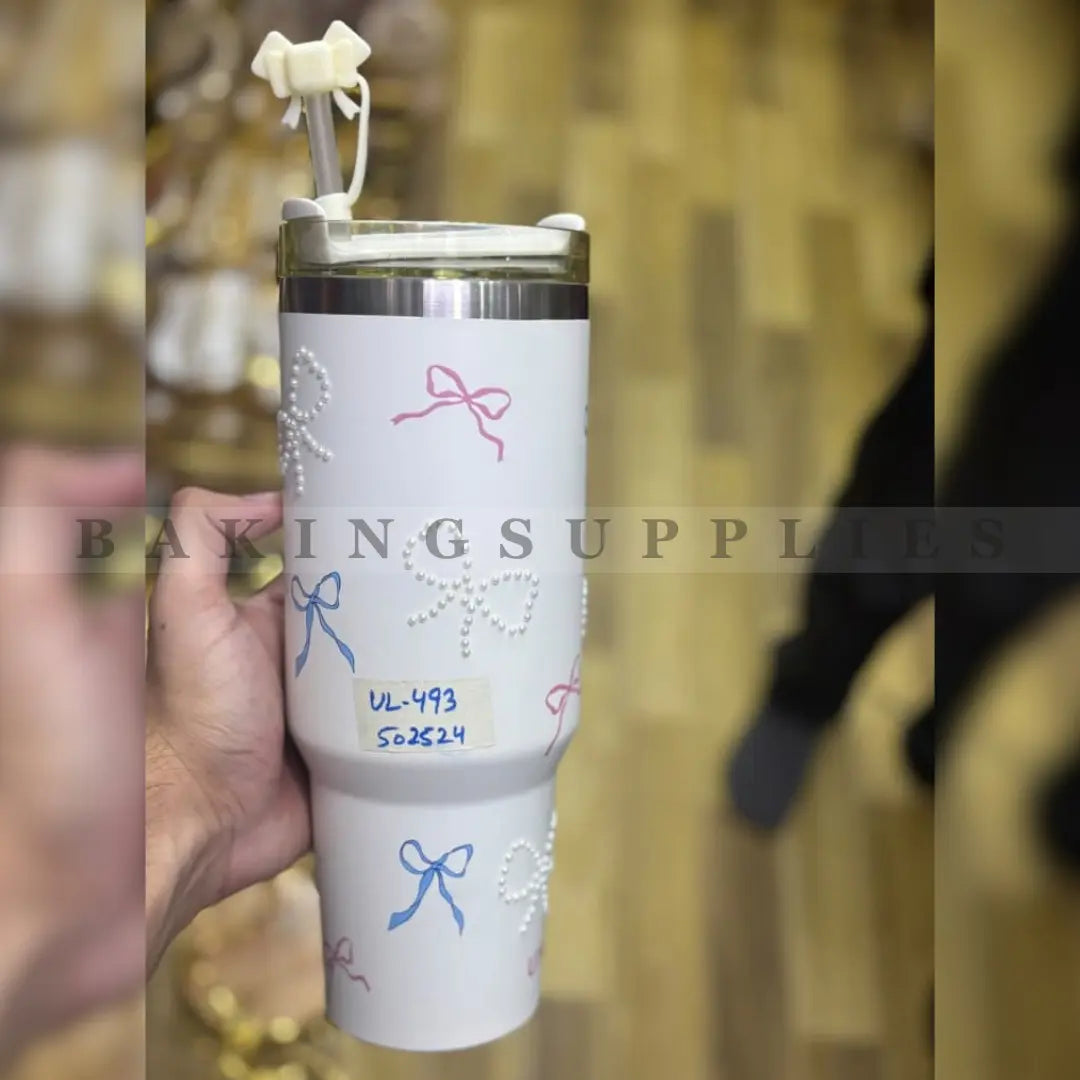 Bow Tumbler with 3D Pearls and Straw White