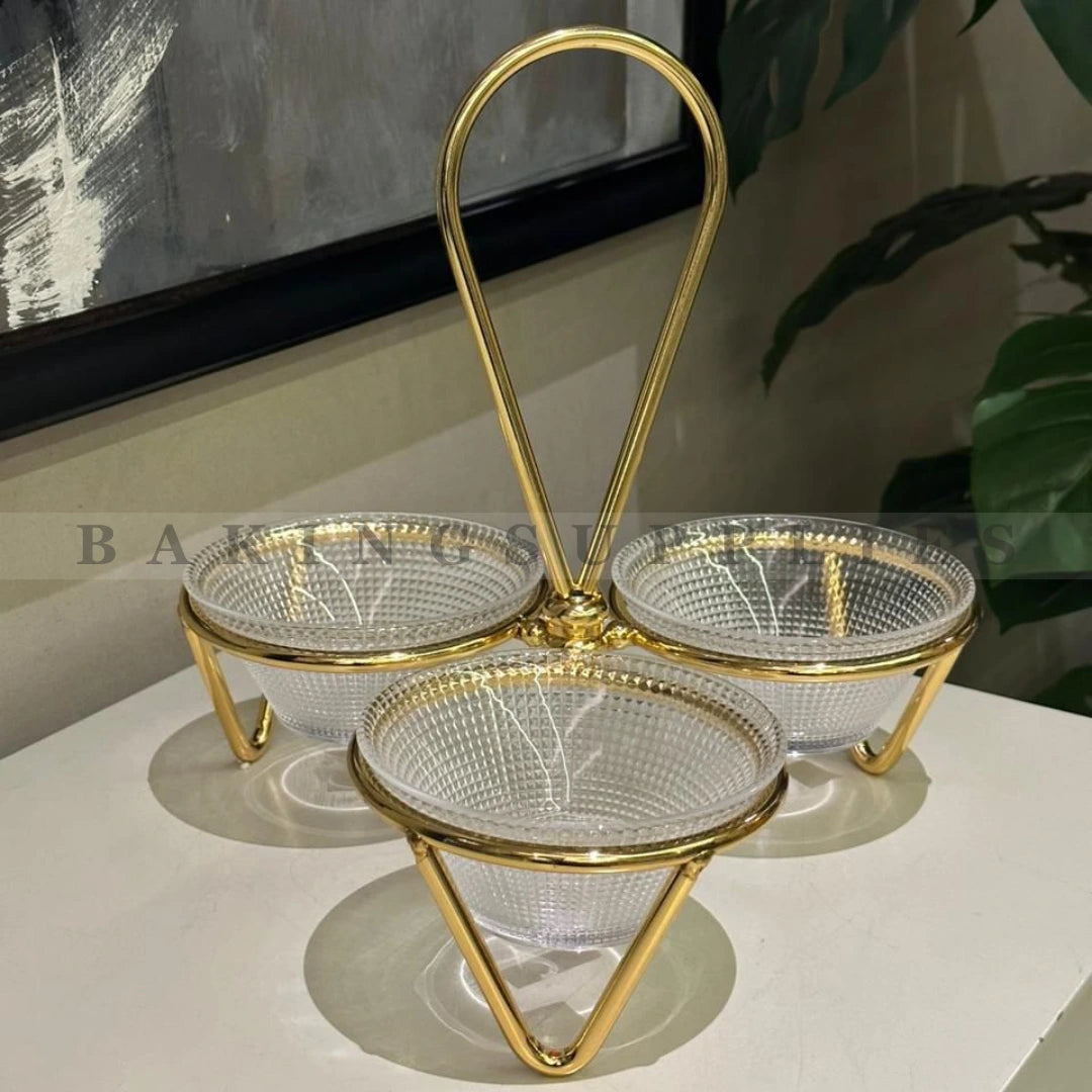Chatni Holder with Gold Stand & Crystal Bowls