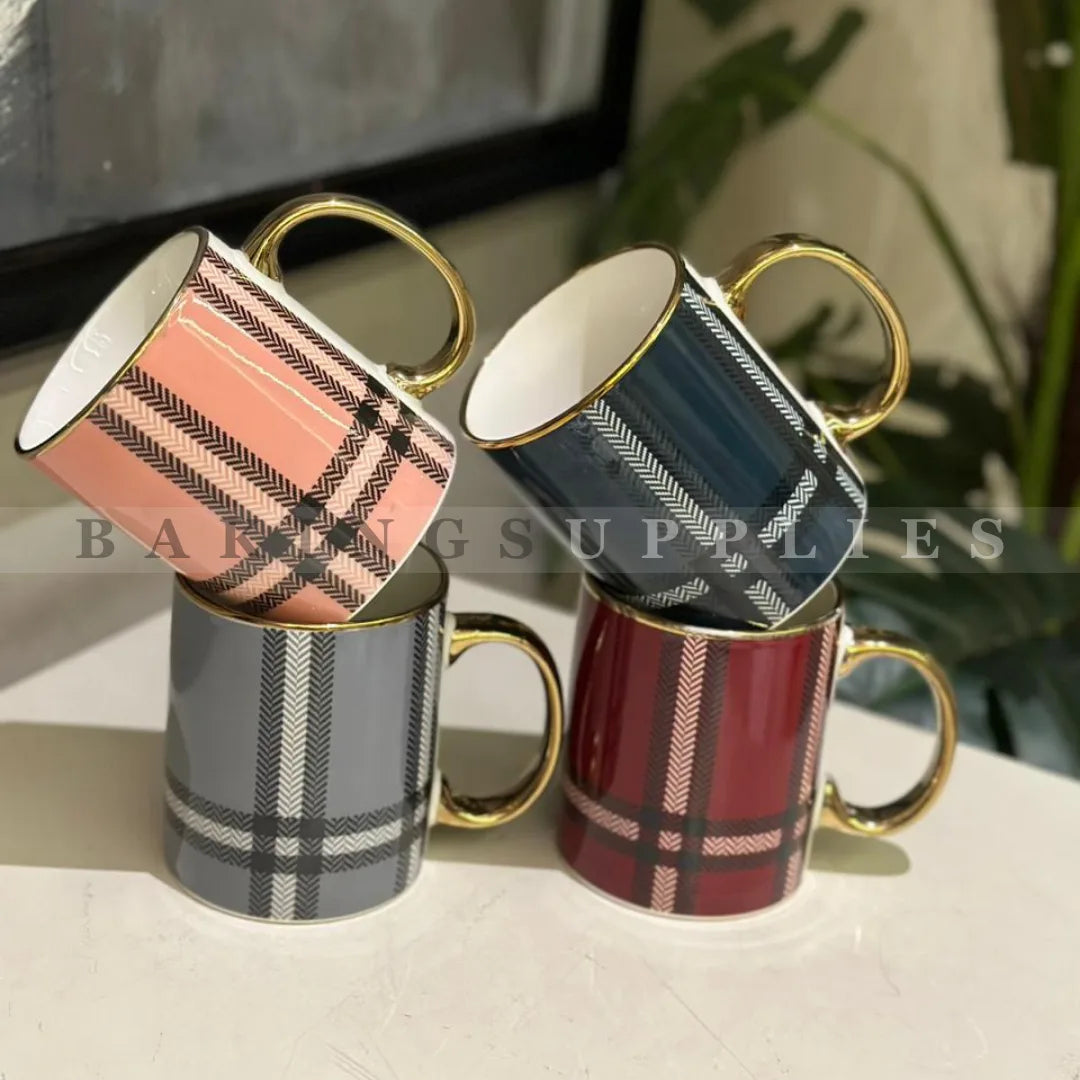 Check Pattern Ceramic Mug Set of 4 with Gold Handles