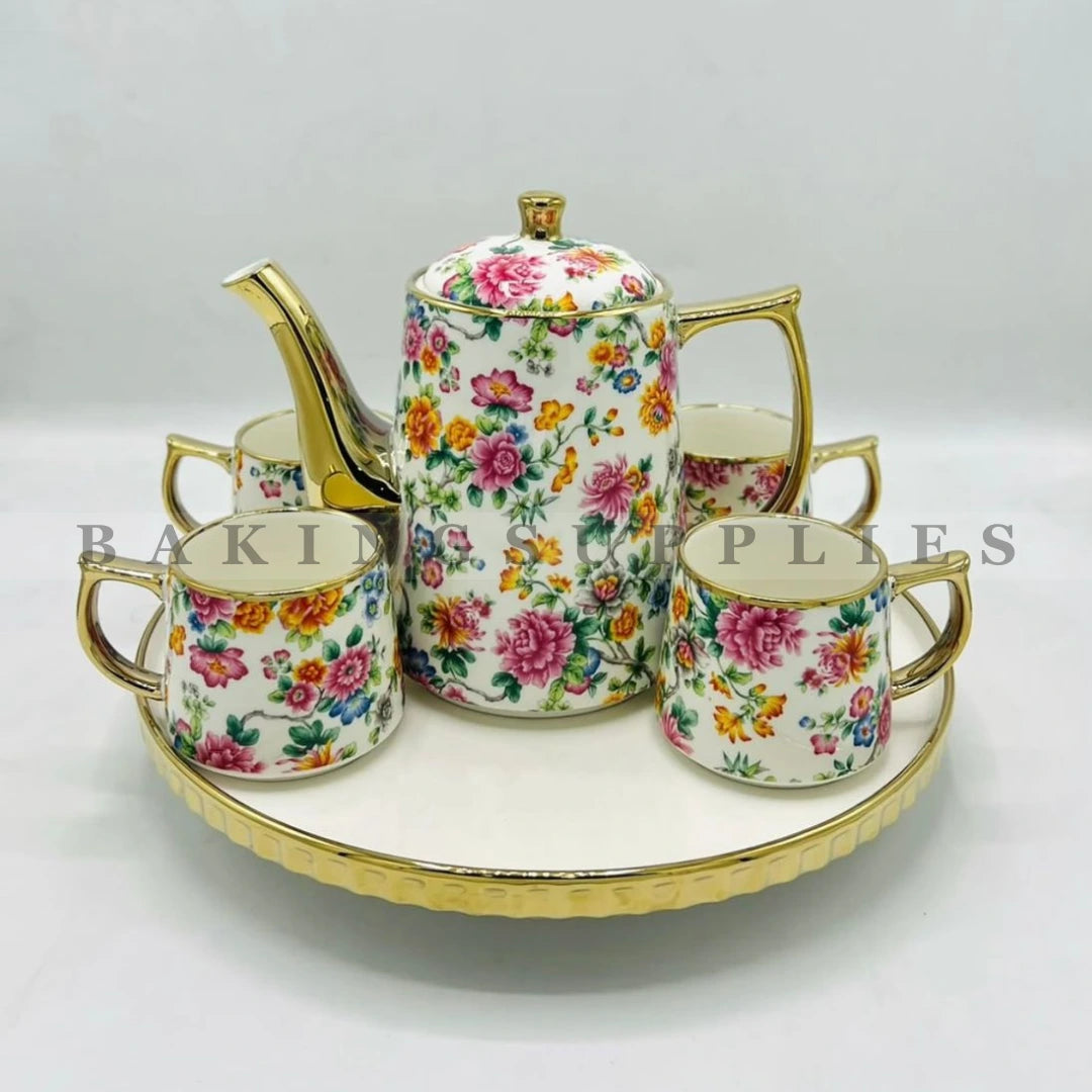 Colorful Blossom Gold Accent Porcelain 9 Piece Tea Set with Tray