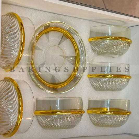 Crystal Glass Dessert Bowl & Saucer Set with Gold Rim