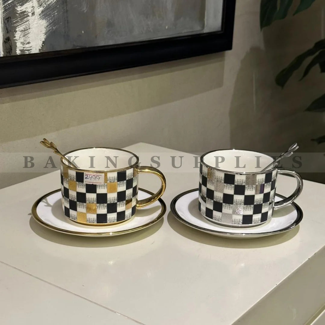 Cup & Saucer Set with Spoon – Gold & Silver Elegance