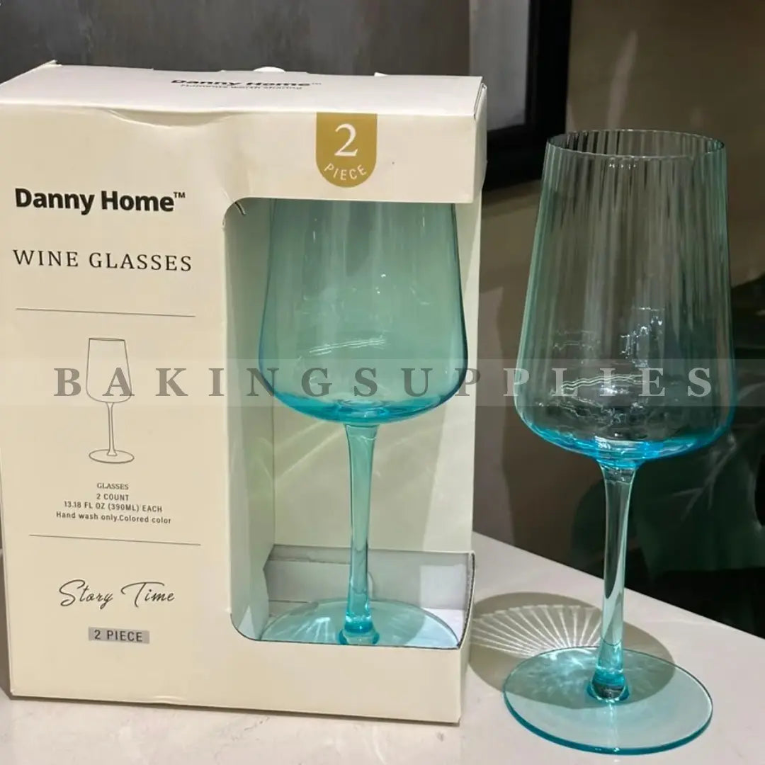 Danny Home Aqua Blue Ribbed Wine Glasses Set of 2