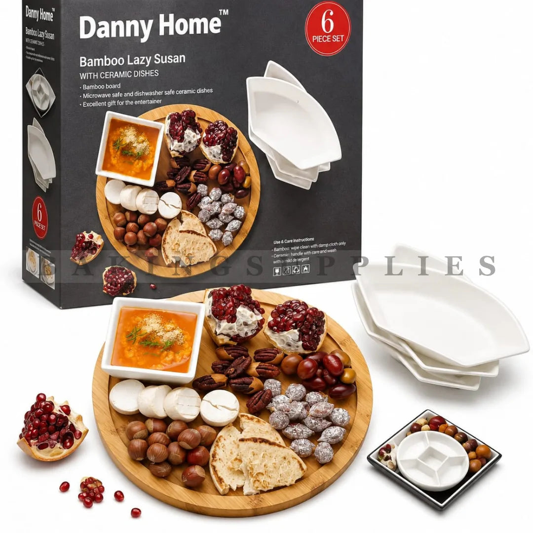 Danny Home Bamboo Lazy Susan with Ceramic Dishes 6 Piece Set