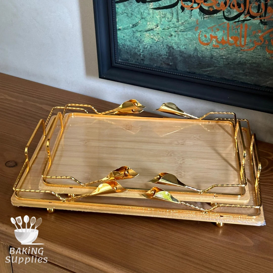 Set of 2 Wooden Trays with 3D Lilies & Gold Ends – Decorative Serving Tray Duo