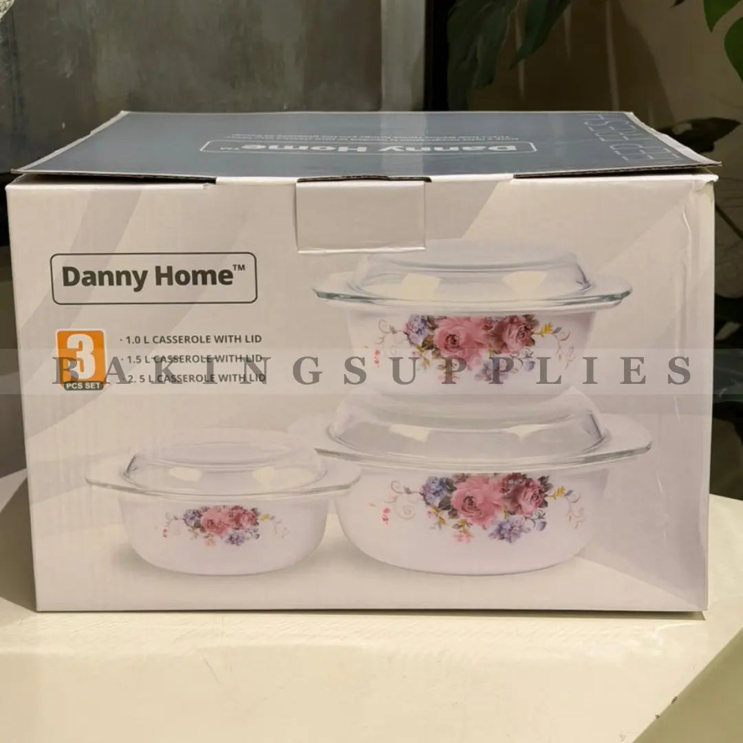 Danny Home Floral Ceramic Casserole Set (3 Pcs) with Glass Lids – Oven & Microwave Safe