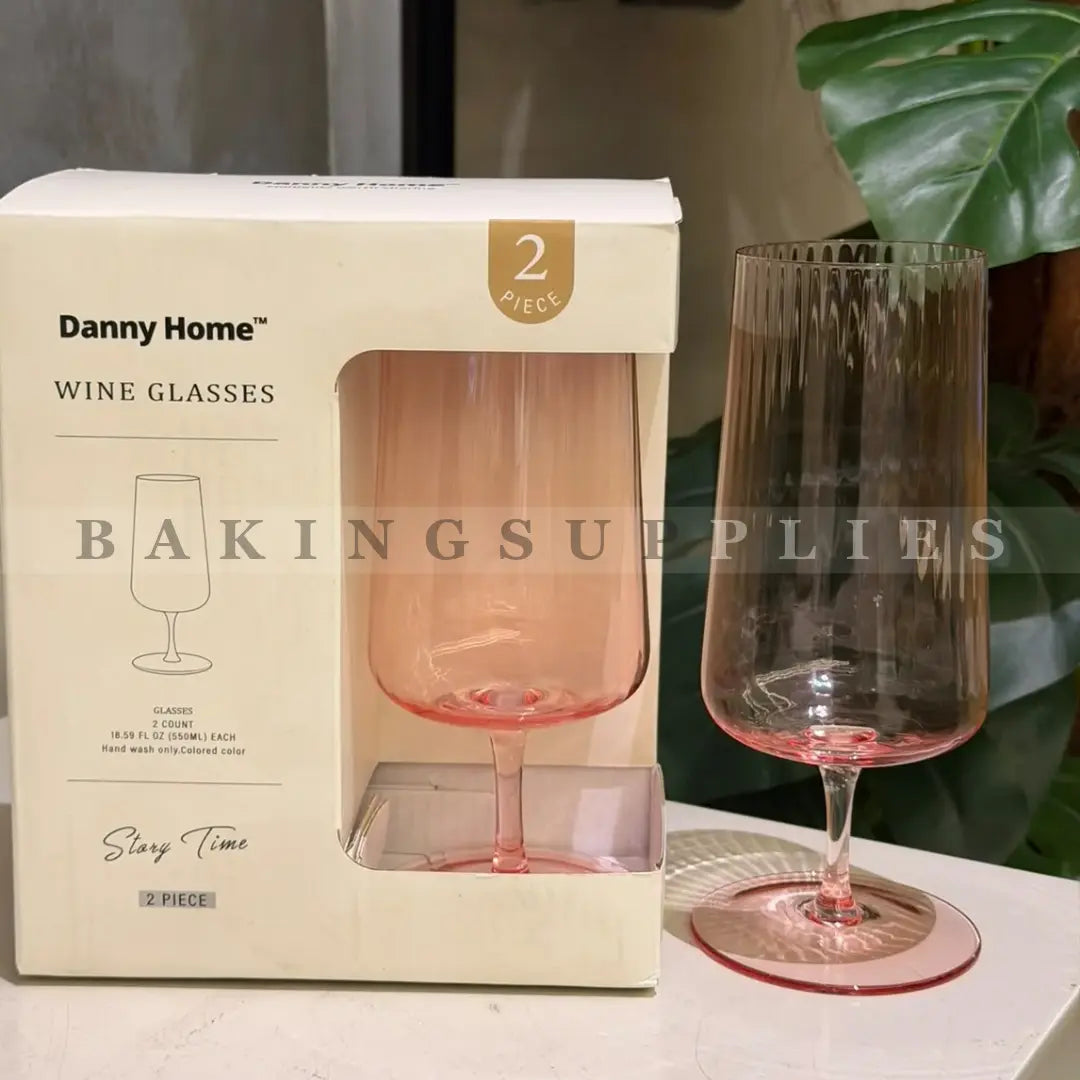 Danny Home Pink Ribbed Wine Glasses Set of 2
