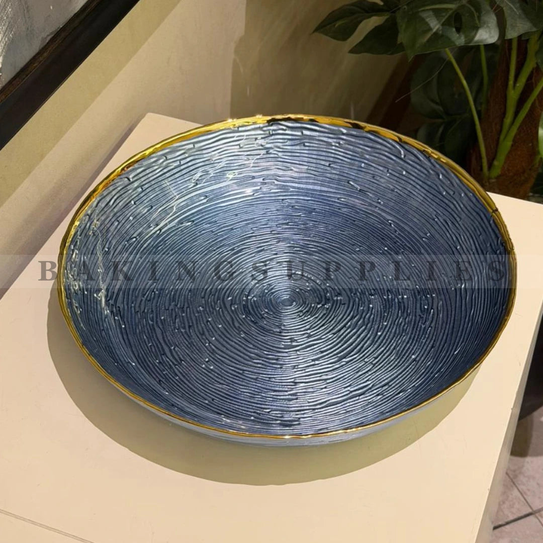 Blue Deep Ceramic Platter with Gold Rim