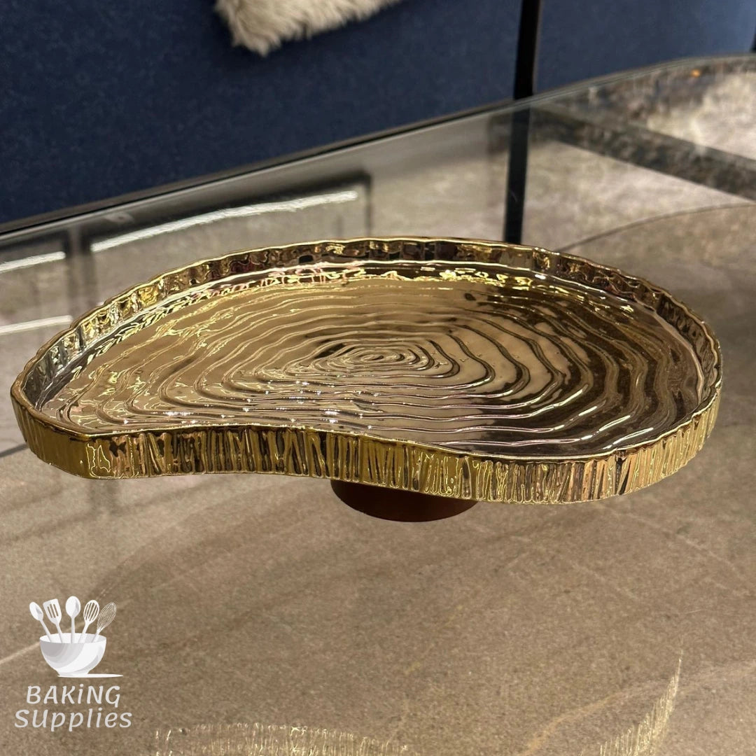 Deep Gold Serving Platter with Wooden Stand
