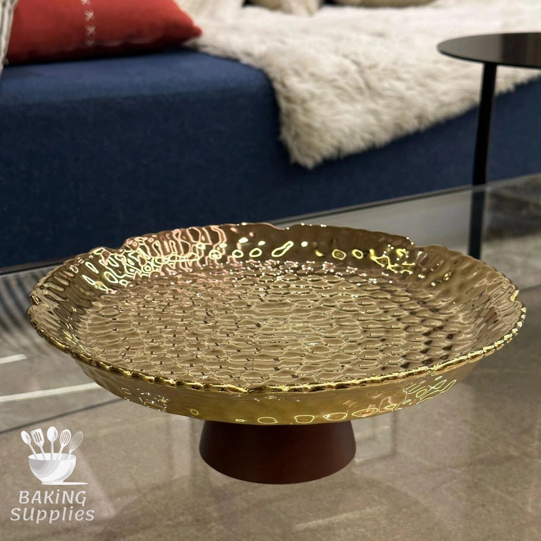 Deep Gold Serving Platter with Wooden Stand