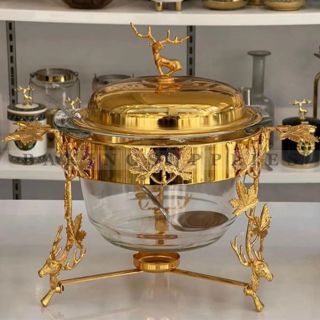 Luxury Gold Deep Glass Bowl with Stand, Burner & Serving Spoon