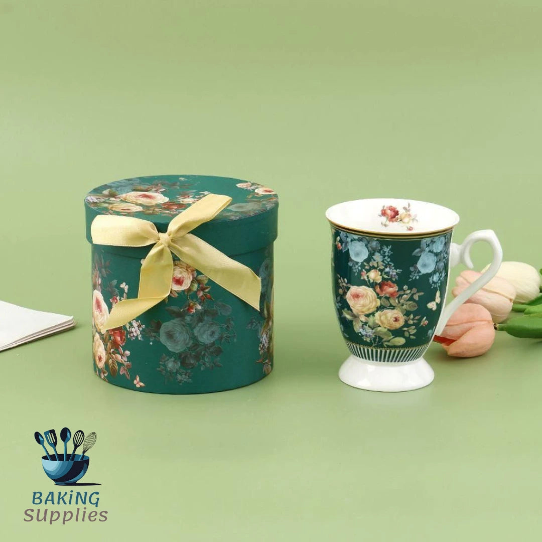 Elegant Floral Ceramic Mug with Round Gift Box – Perfect Gift Set