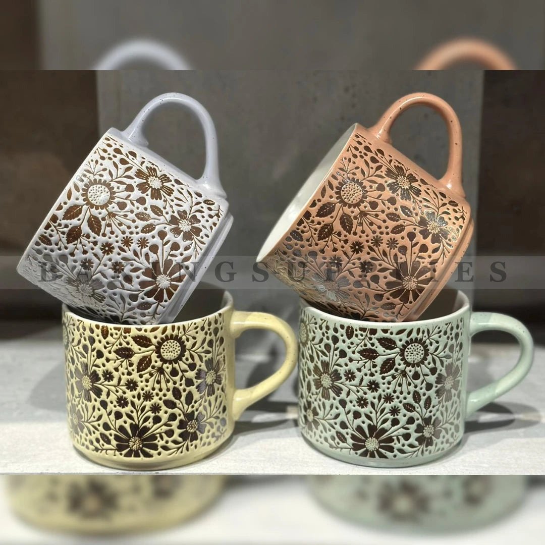 Floral Lace Embossed Stoneware 4 Pc Mug Set – Pastel Earth Tones