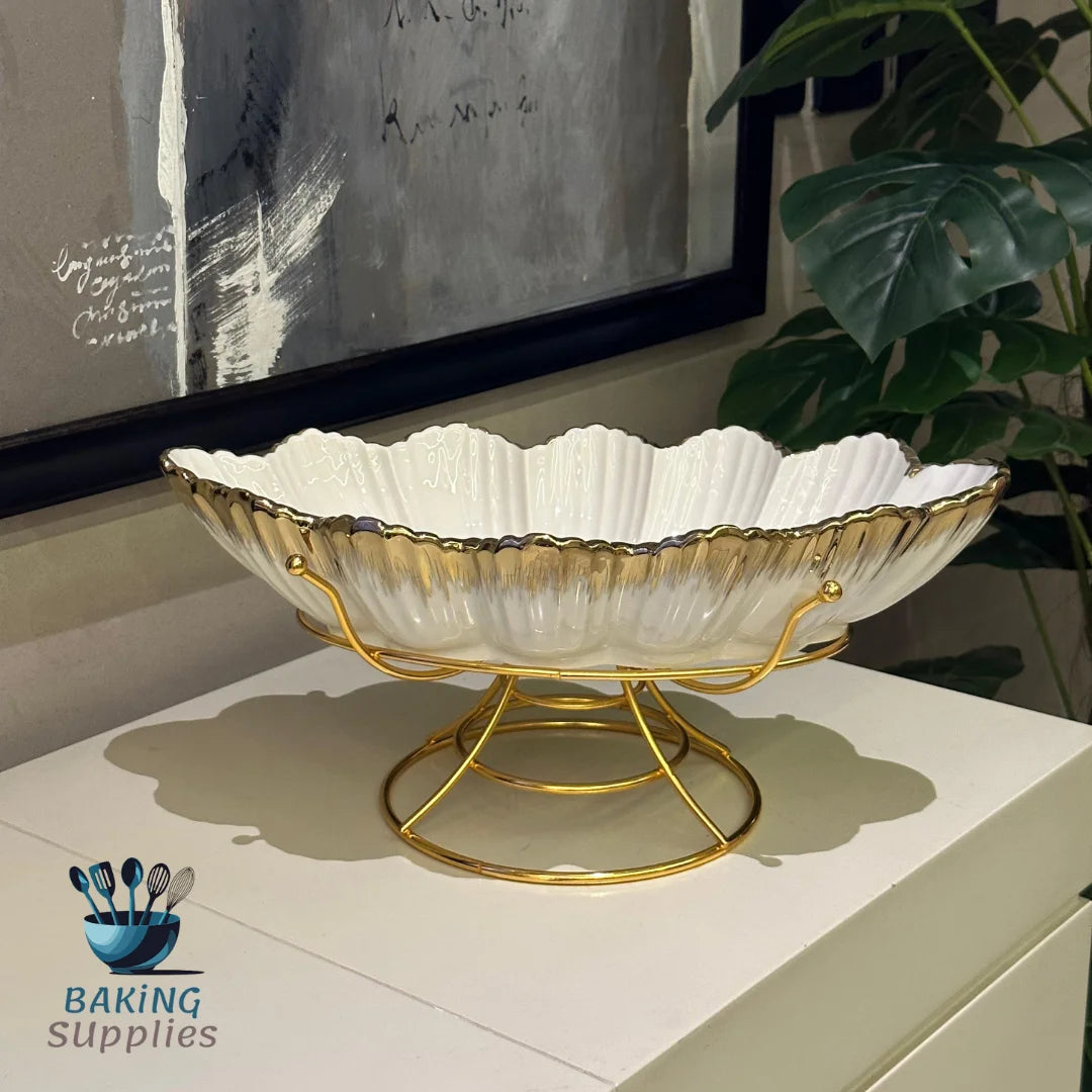 Floral White & Gold Platter with Stand – Elegant Display & Serving Tray
