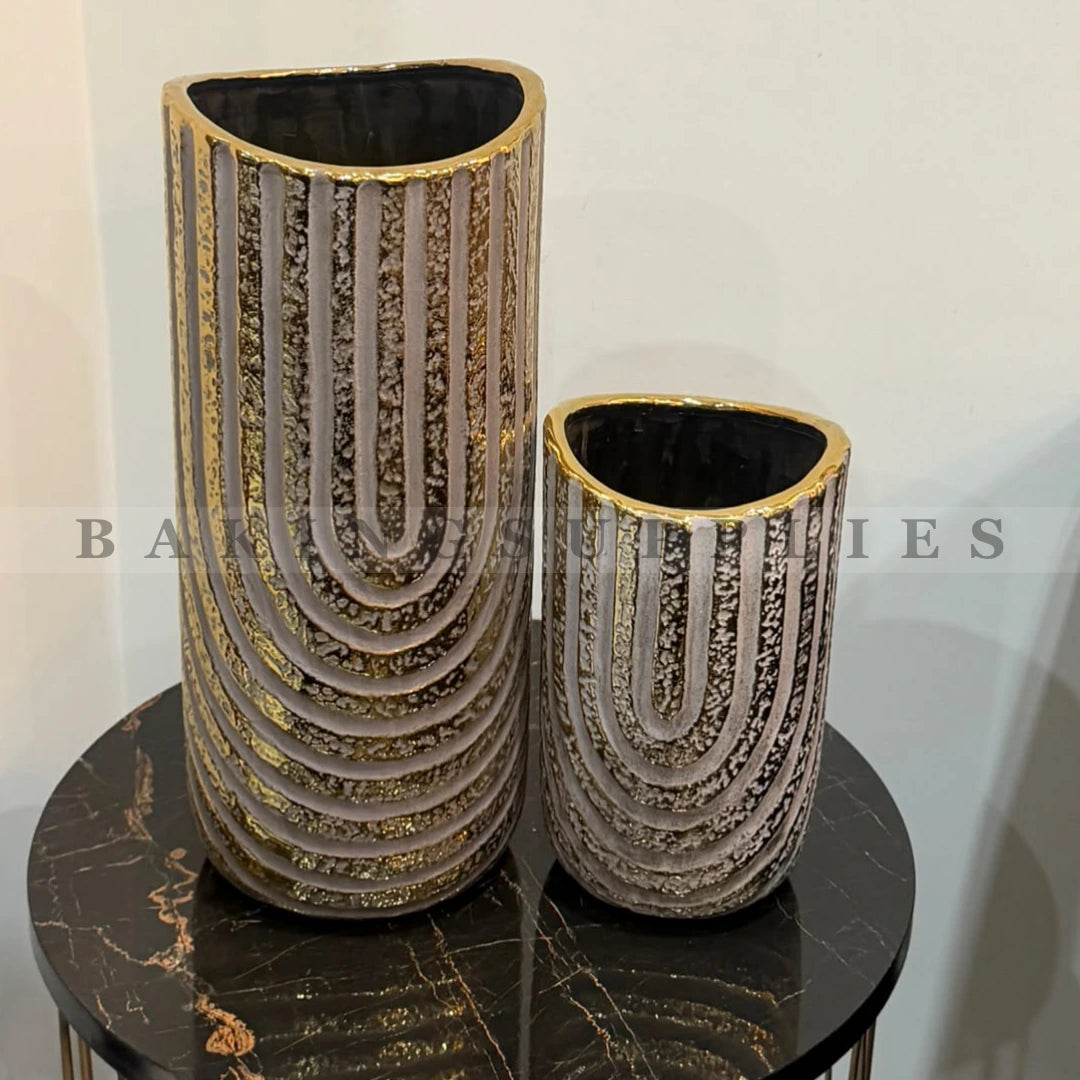 Full Gold & Grey Ceramic Vase Set 2 Pieces