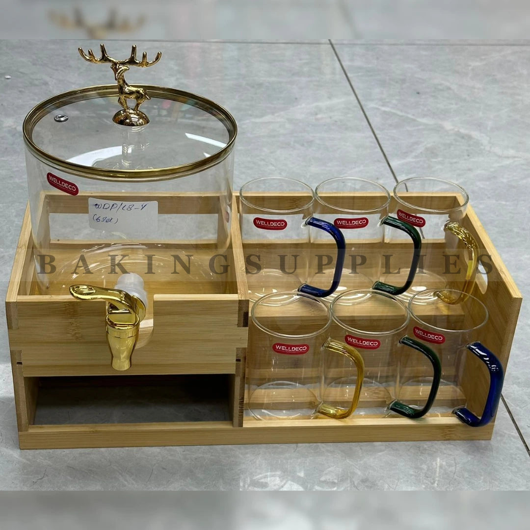 Glass Beverage Dispenser with Wooden Stand & 6 Color Handle Glass Mugs