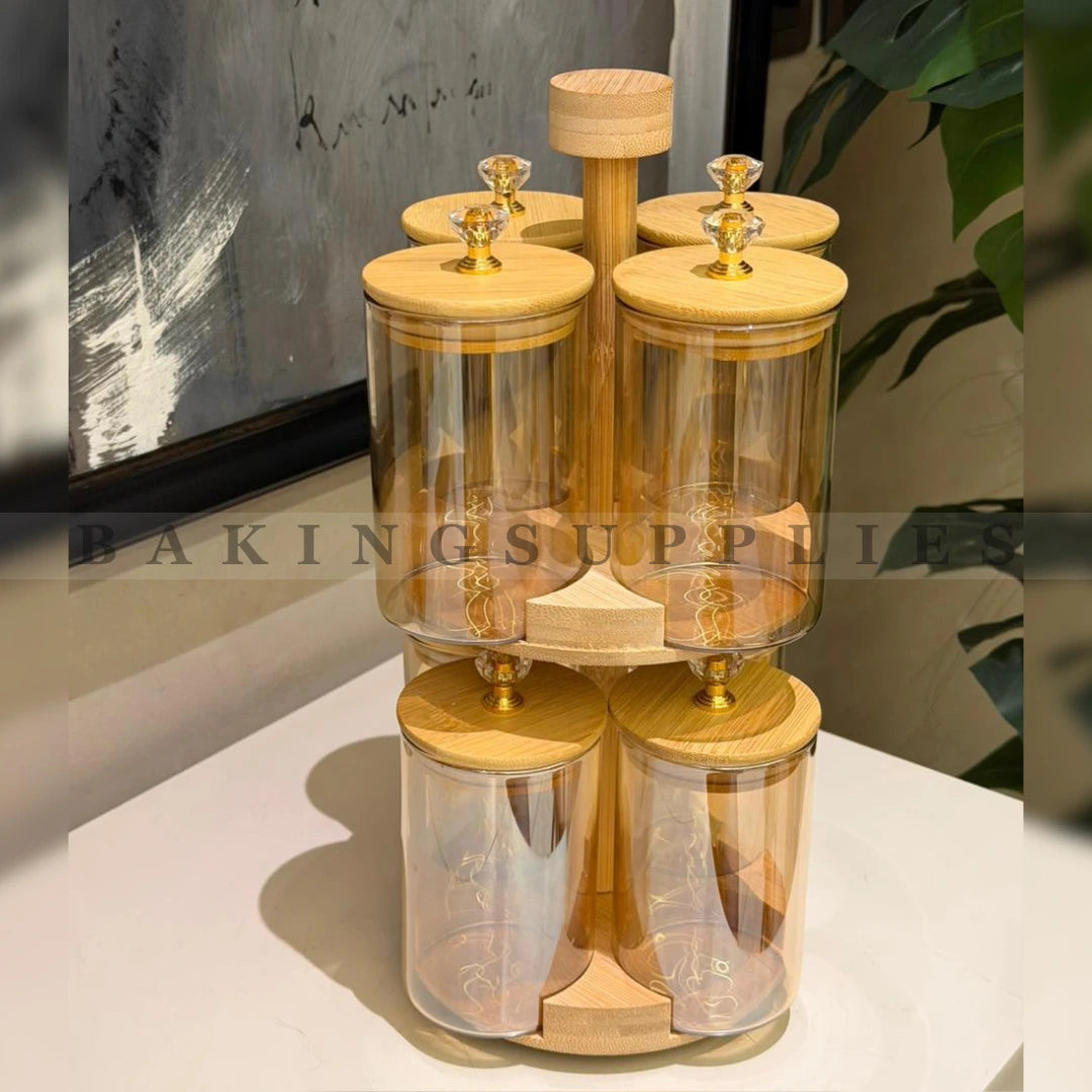 Glass Jar Container Set of 8 with Rotating Bamboo Stand