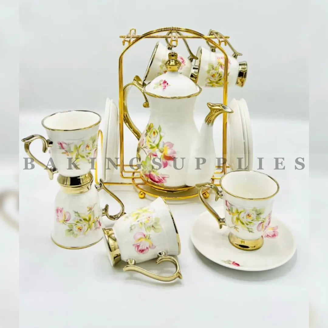 Golden Rose Whisper 15-Piece Ceramic Tea Set with Gold Stand
